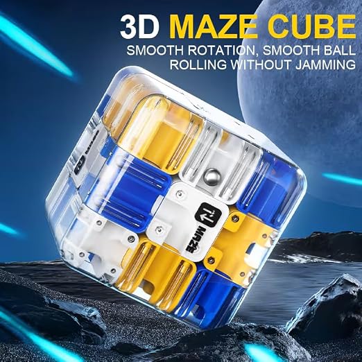 INSFIT 3D Maze Cube Ball Puzzle Game for Kids & Adults, Maze Puzzle Cube with Steel Ball Rolling Clear Strategy, Labyrinth Brain Teaser Toy for Logical Thinking & Spatial Skills (Blue)